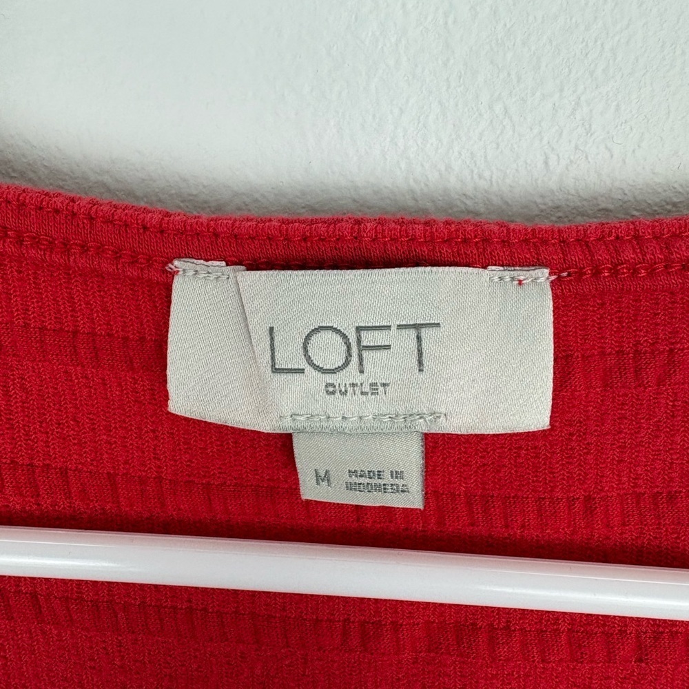 LOFT Red Ribbed Knit Dress with Waist Tie sz medium 51% cotton - Picture 2 of 8
